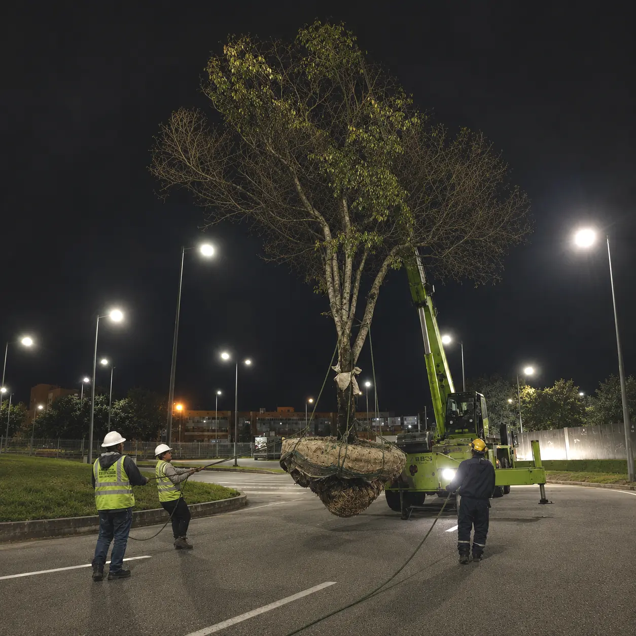 Operación nocturna de izaje y traslado controlado de un árbol